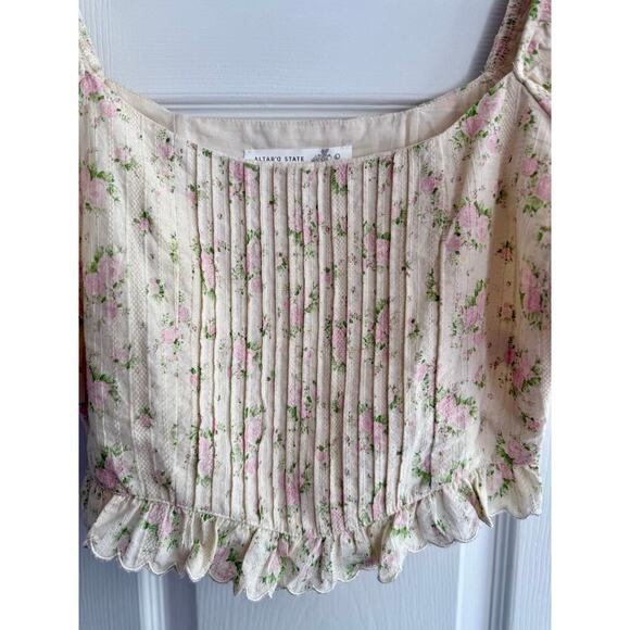 ASTR the Label Cream Floral Puff Sleeve Cropped Top Cotton size Large - Picture 3 of 8